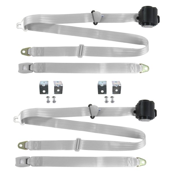 3 Point Standard Retractable Bucket Seat Belt Kit with Bracketry & 2 Belts for 1977-1979 Ford Thunderbird, Gray