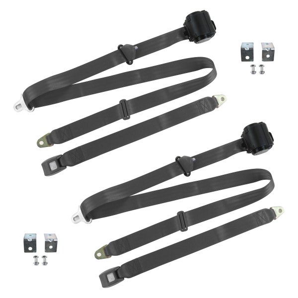 3 Point Standard Retractable Bucket Seat Belt Kit with Bracketry & 2 Belts for 1961-1964 Chevy Impala, Charcoal