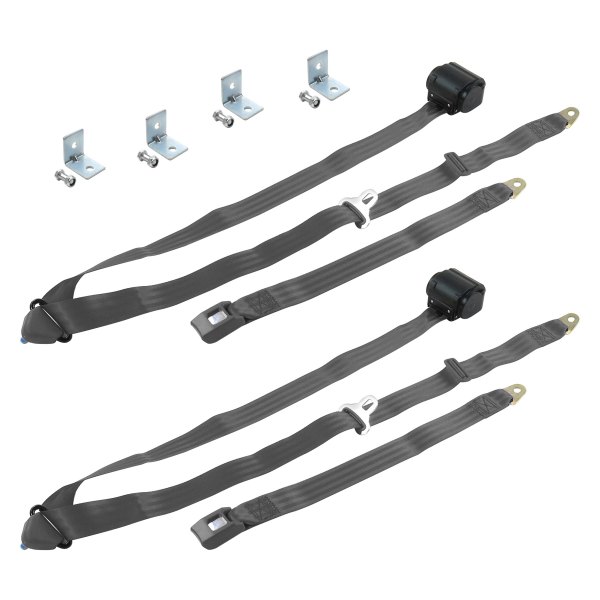 3 Point Standard Retractable Bucket Seat Belt Kit with Bracketry & 2 Belts for 1966-1967 Chevy II, Charcoal