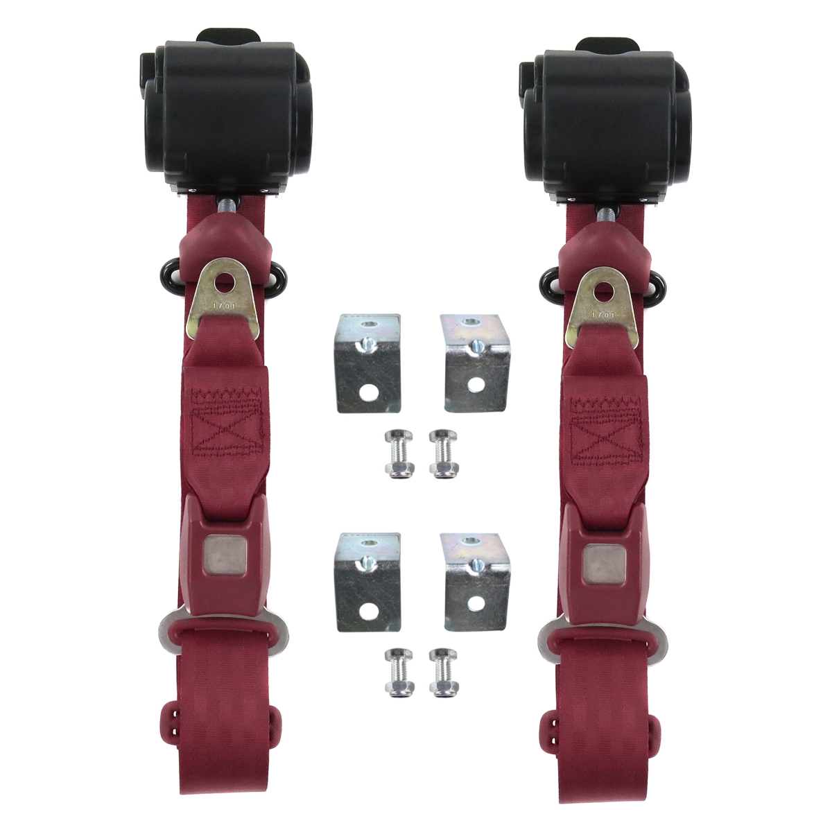 Burgandy Retractable Bucket Seat Belt Kit with Bracketry for 1961-1966 Ford Thunderbird Standard 3 Point - 2 Belts
