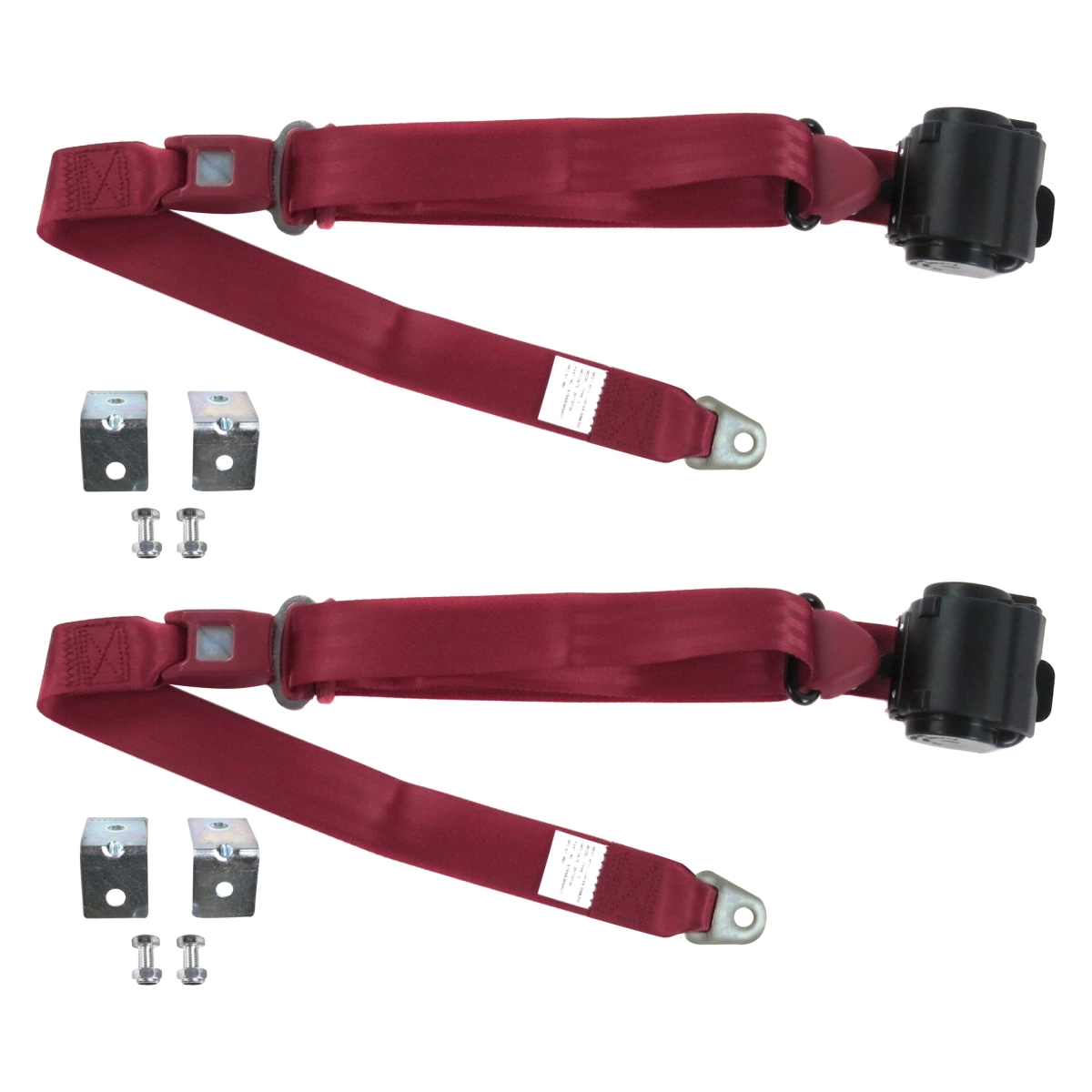Burgandy Retractable Bucket Seat Belt Kit with Bracketry for 1966-1977 Ford Bronco Standard 3 Point - 2 Belts