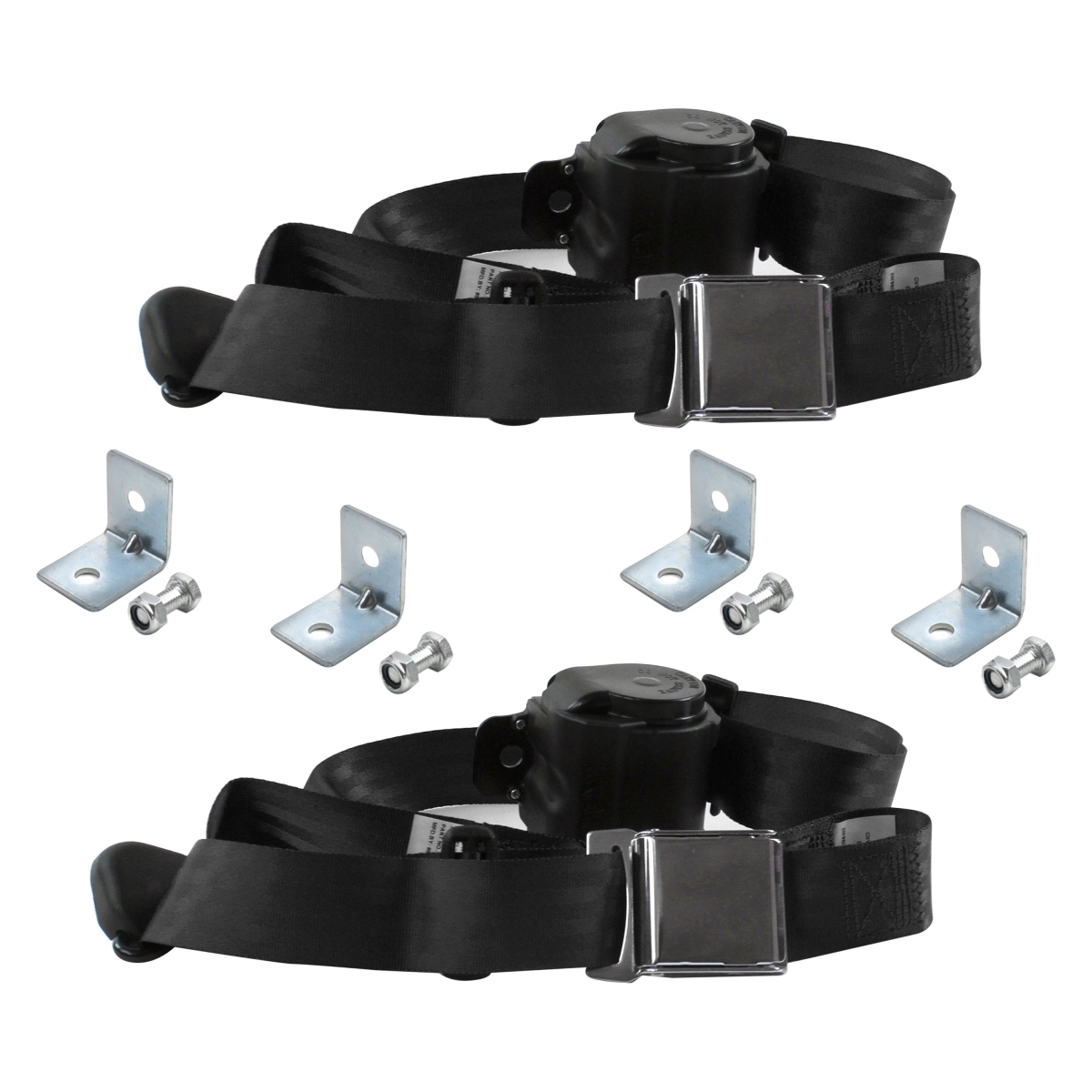 Black Retractable Bucket Seat Belt Kit with Bracketry for 1964-1966 Ford Mustang Airplane 3 Point - 2 Belts