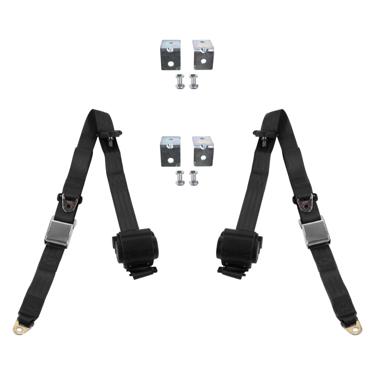Black Retractable Bucket Seat Belt Kit with Bracketry for 1971-1973 Ford Mustang Airplane 3 Point - 2 Belts