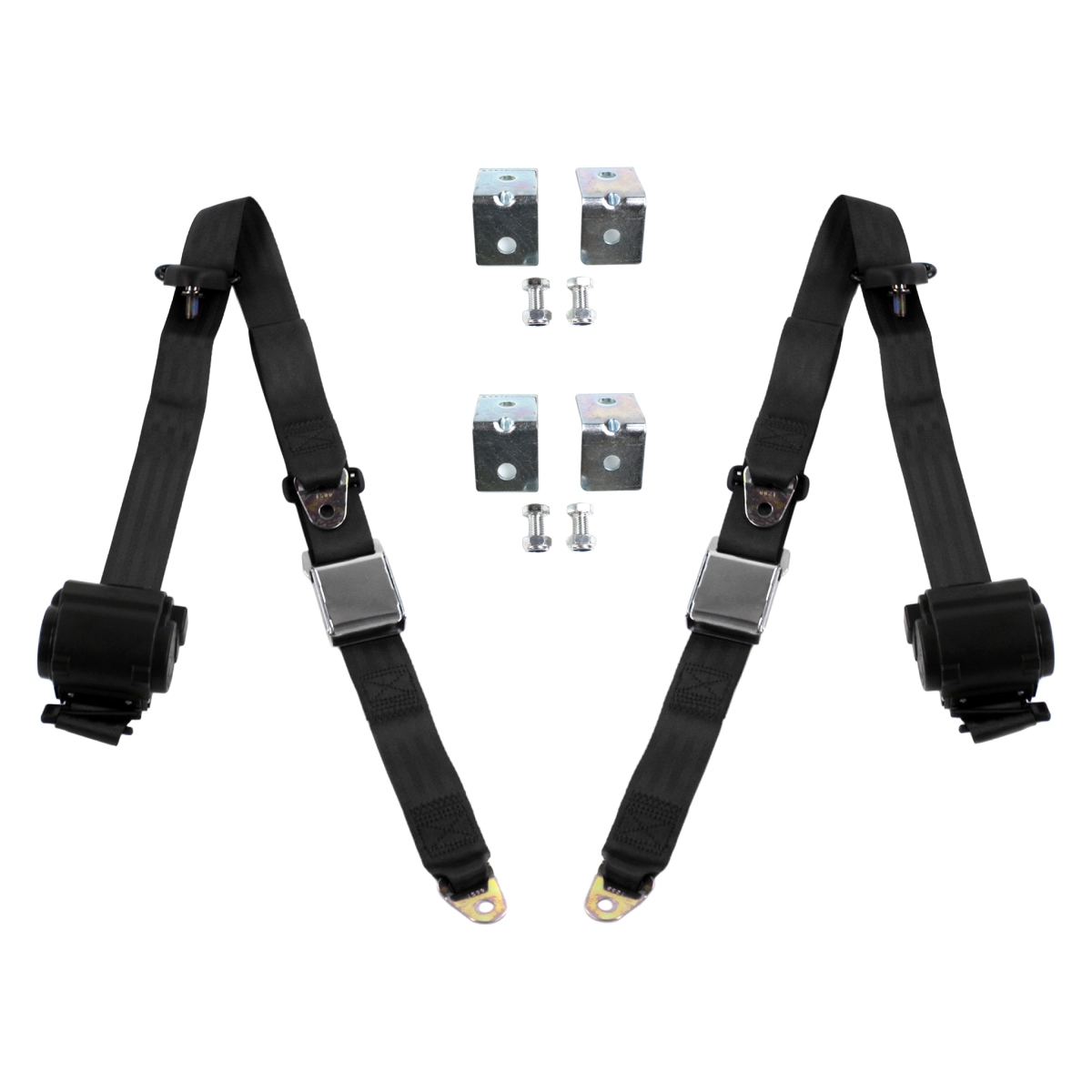 Black Retractable Bucket Seat Belt Kit with Bracketry for 1967-1976 Ford Thunderbird Airplane 3 Point - 2 Belts