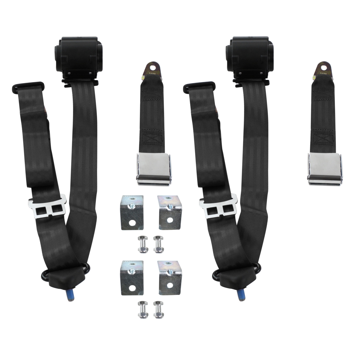 Black Retractable Bucket Seat Belt Kit with Bracketry for 1982-1994 Chevy Cavalier Airplane 3 Point - 2 Belts