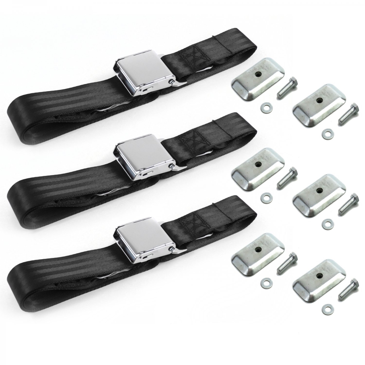 Black Lap Bench Seat Belt Kit with Bracketry for 1979-1993v Ford Mustang Airplane 2 Point - 3 Belts