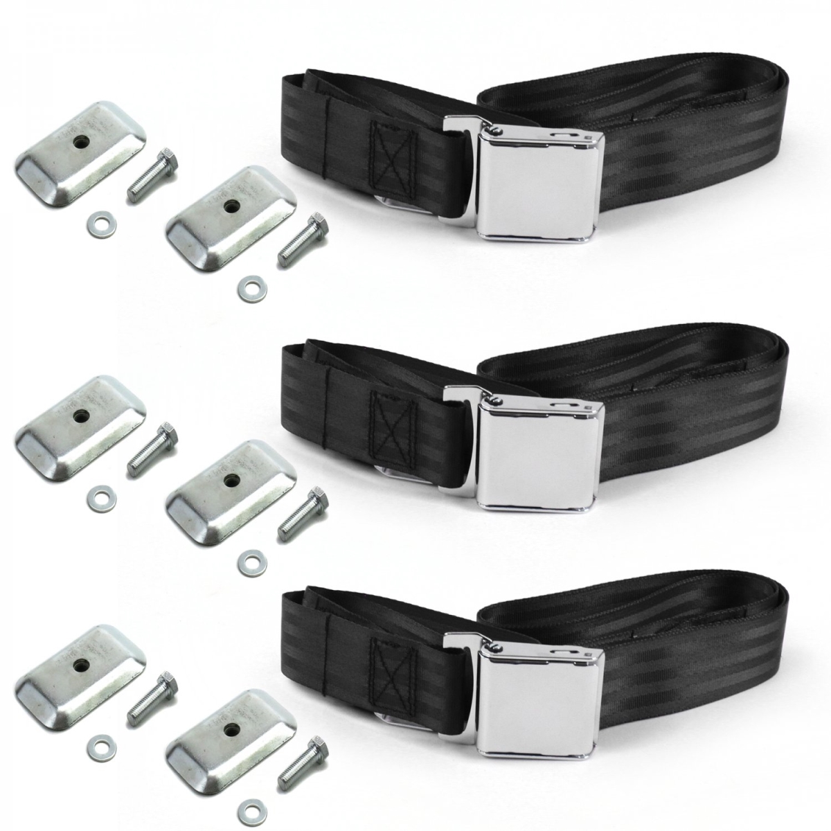 Black Lap Bench Seat Belt Kit with Bracketry for 1971-1977 Ford Maverick Airplane 2 Point - 3 Belts