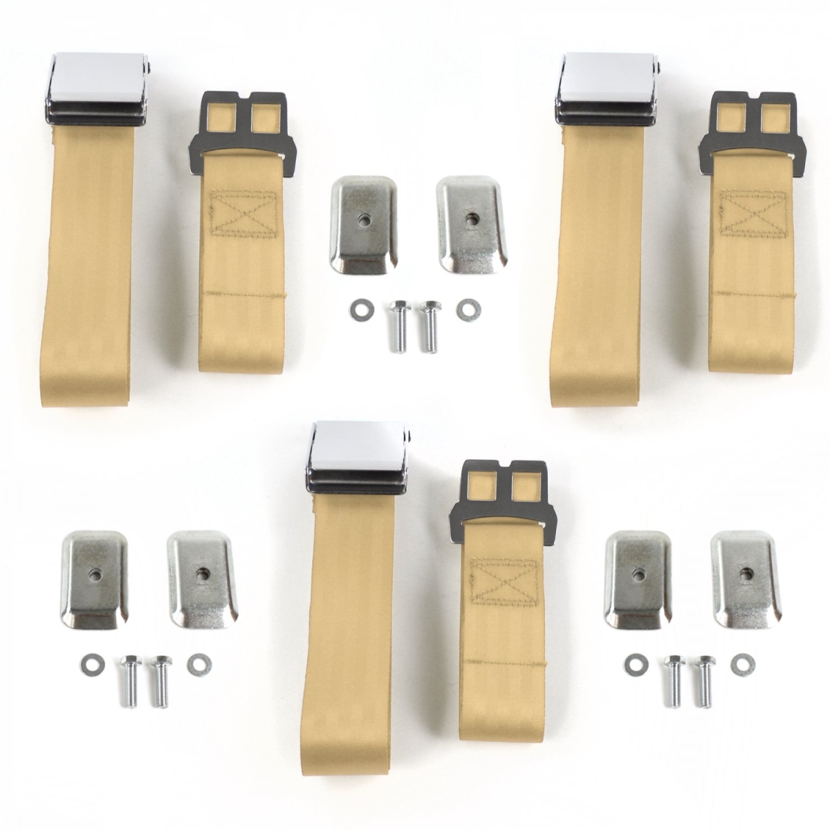 Tan Lap Bench Seat Belt Kit with Bracketry for VW Type 3 Squareback Airplane 2 Point - 3 Belts