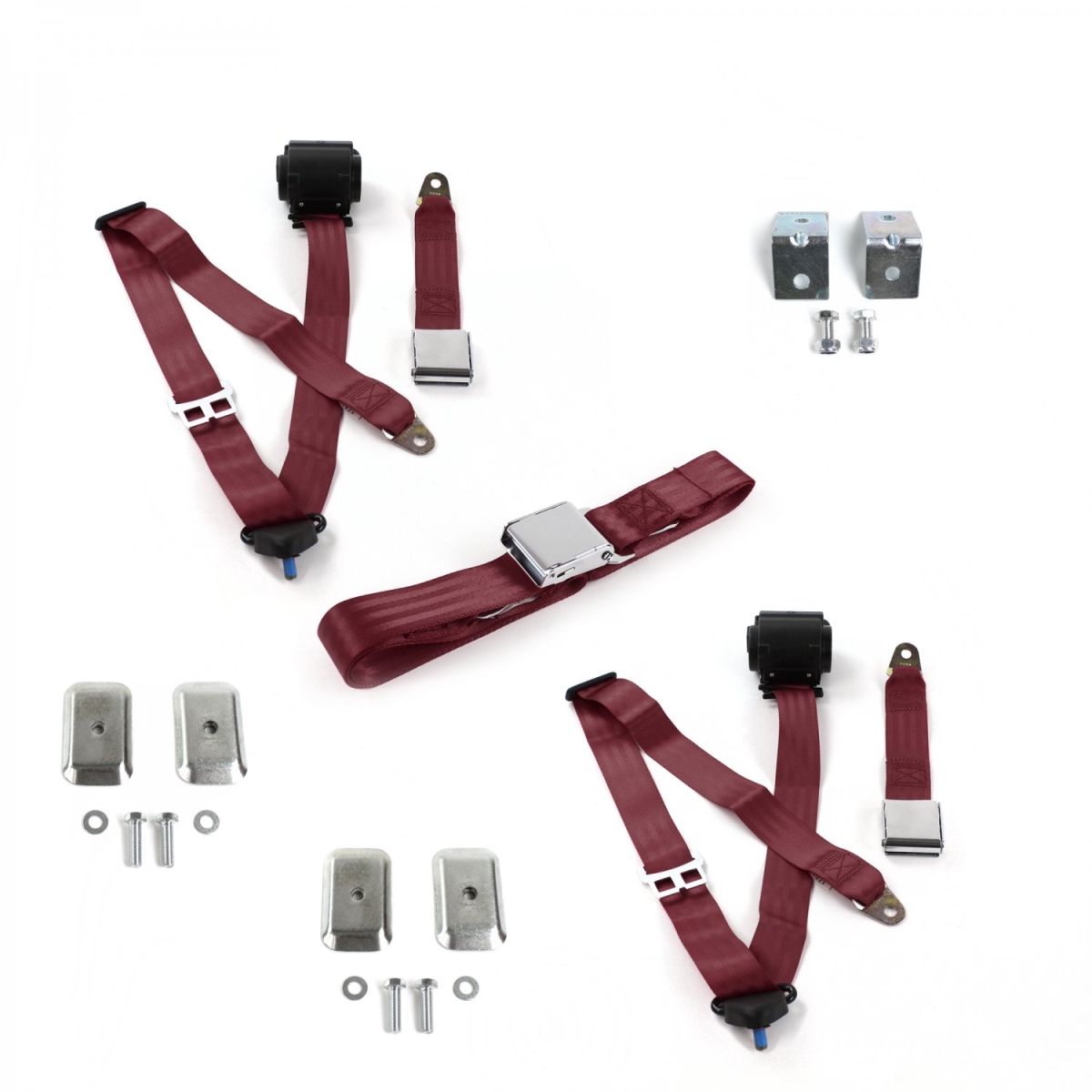 Burgandy Retractable Bench Seat Belt Kit with Bracketry for 1982-1994 Chevy Cavalier Airplane 3 Point - 3 Belts