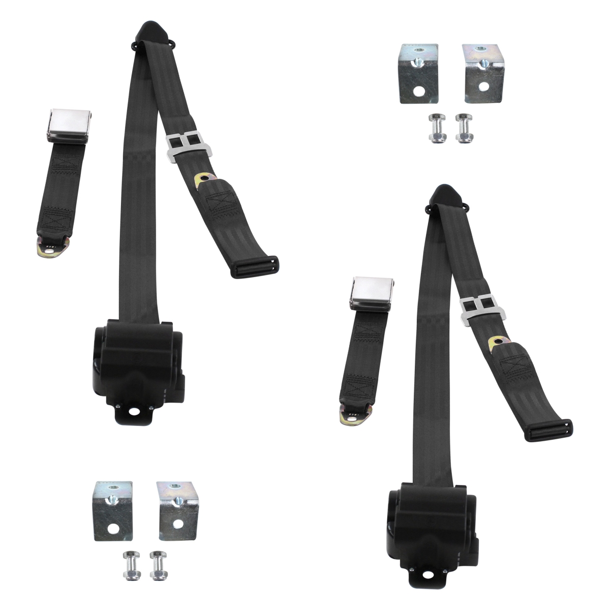 Black Retractable Bucket Seat Belt Kit with Bracketry for VW Type 3 Squareback Airplane 3 Point - 2 Belts