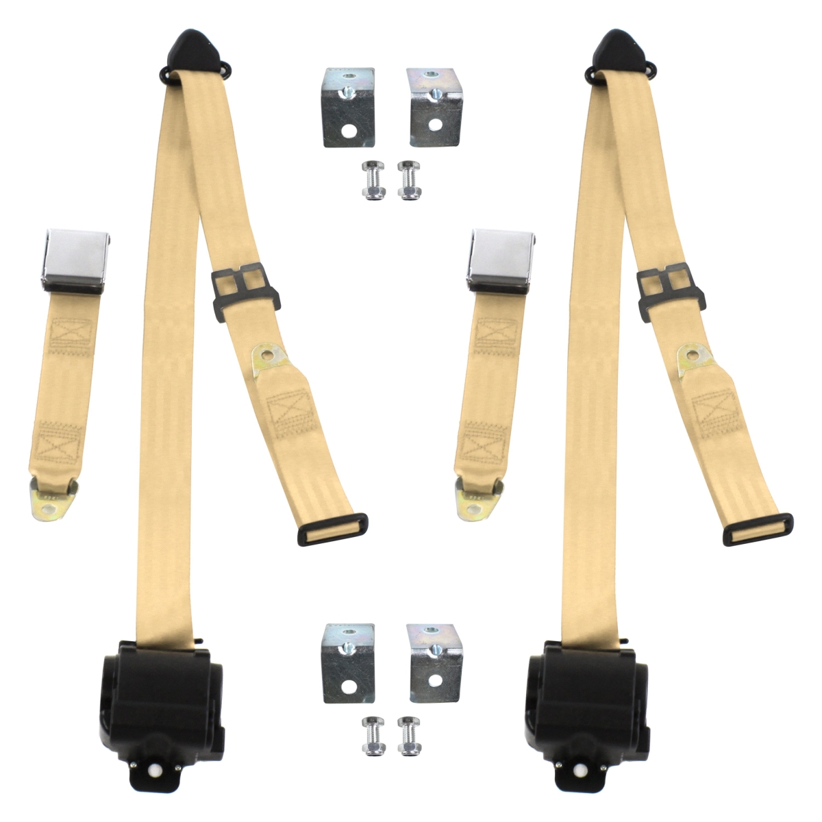 Tan Retractable Bucket Seat Belt Kit with Bracketry for 1953-1957 VW Type 1 Oval Airplane 3 Point - 2 Belts