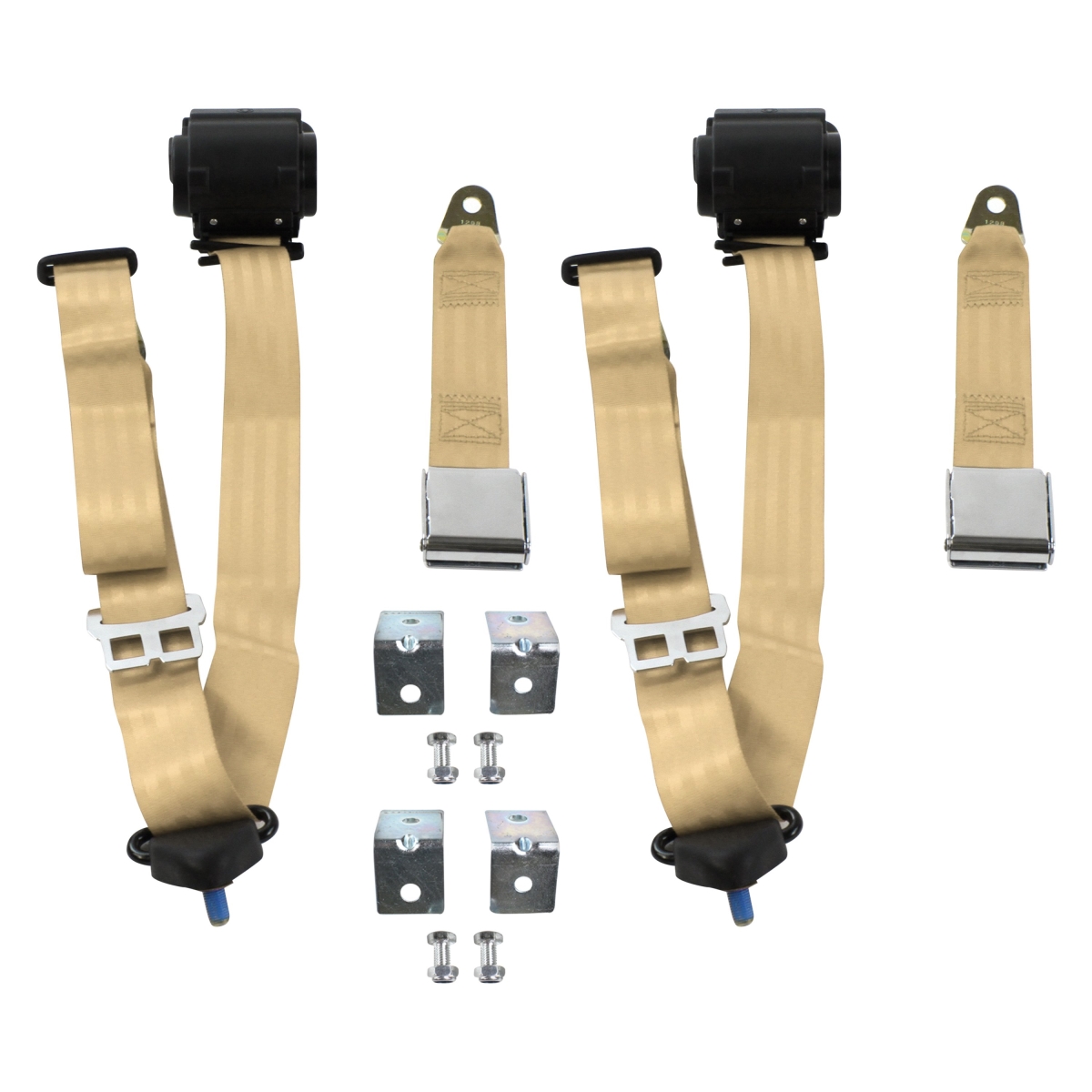 Tan Retractable Bucket Seat Belt Kit with Bracketry for 1967-1976 Ford Thunderbird Airplane 3 Point - 2 Belts