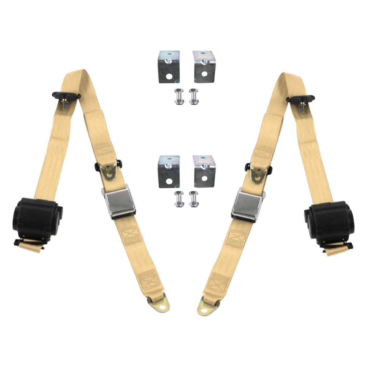 Tan Retractable Bucket Seat Belt Kit with Bracketry for 1966-1977 Ford Bronco Airplane 3 Point - 2 Belts