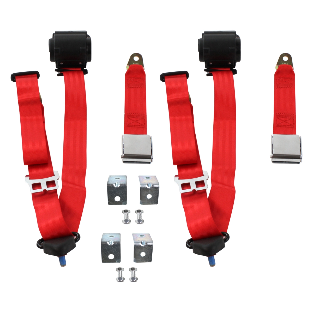 Red Retractable Bucket Seat Belt Kit with Bracketry for 1929-1945 Desoto Airplane 3 Point - 2 Belts