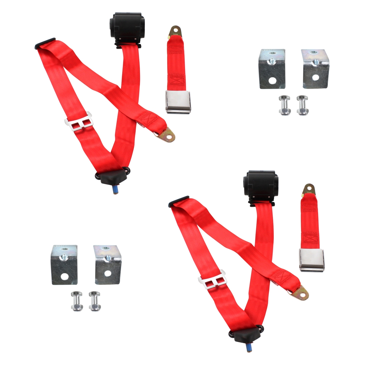 Red Retractable Bucket Seat Belt Kit with Bracketry for 1955-1956 Ford Airplane 3 Point - 2 Belts