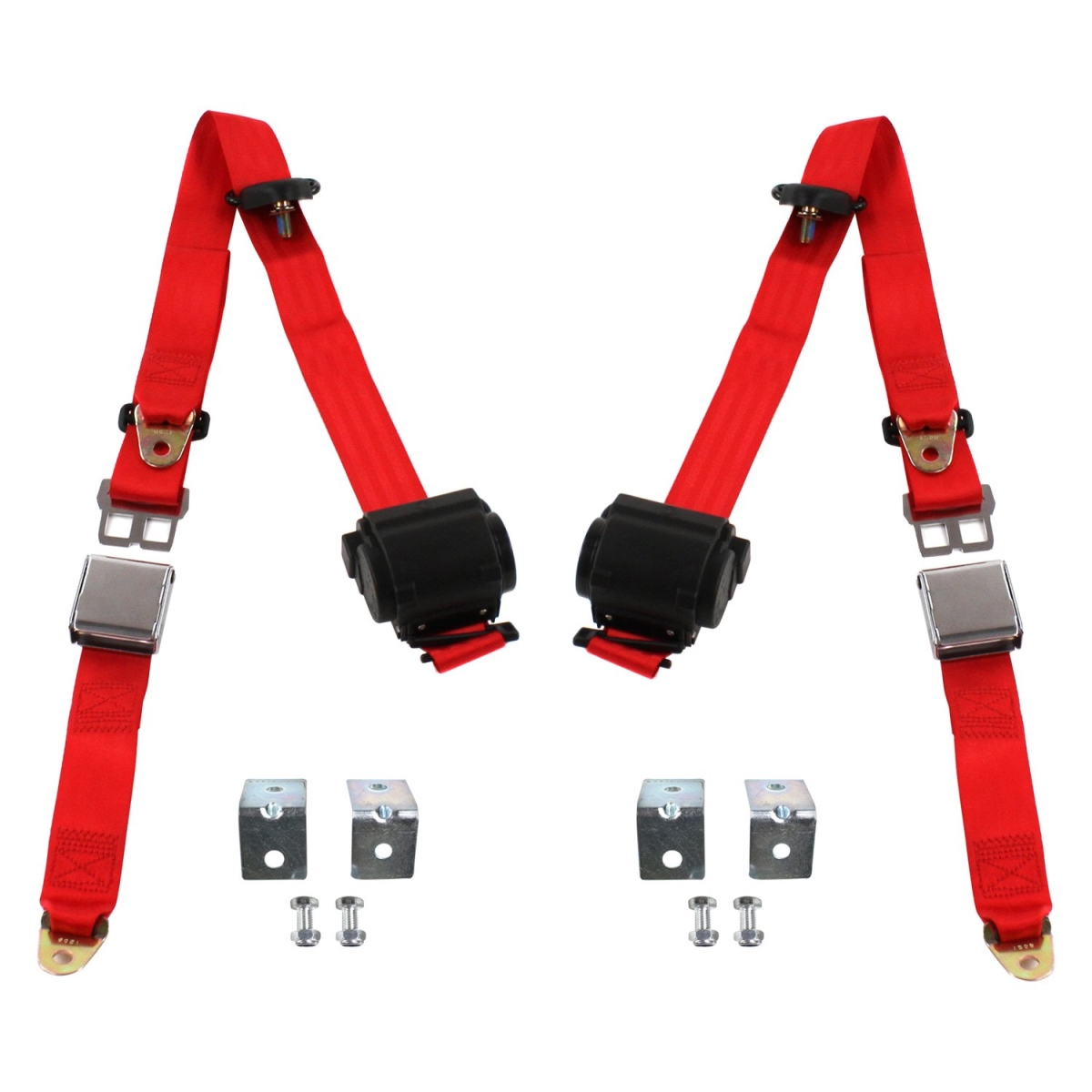 Red Retractable Bucket Seat Belt Kit with Bracketry for 1966-1973 Jeep Commando Airplane 3 Point - 2 Belts