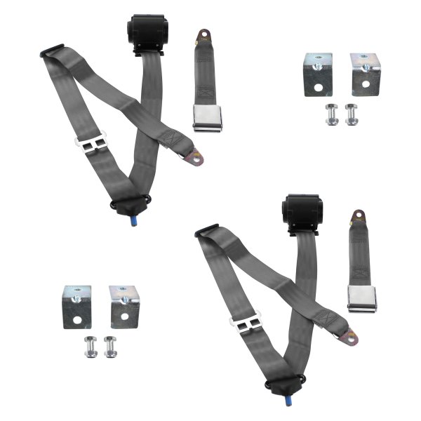 3 Point Airplane Retractable Bucket Seat Belt Kit with Bracketry & 2 Belts for 1953-1970 Jeep CJ & DJ, Charcoal