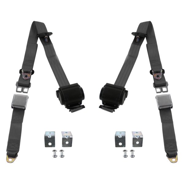 3 Point Airplane Retractable Bucket Seat Belt Kit with Bracketry & 2 Belts for 1974-1978 Ford Mustang, Charcoal