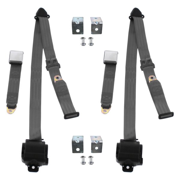 3 Point Airplane Retractable Bucket Seat Belt Kit with Bracketry & 2 Belts for 1970 Ford Fairlane, Charcoal