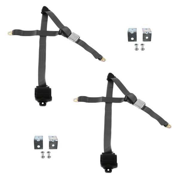 3 Point Airplane Retractable Bucket Seat Belt Kit with Bracketry & 2 Belts for 1961-1966 Ford Thunderbird, Charcoal