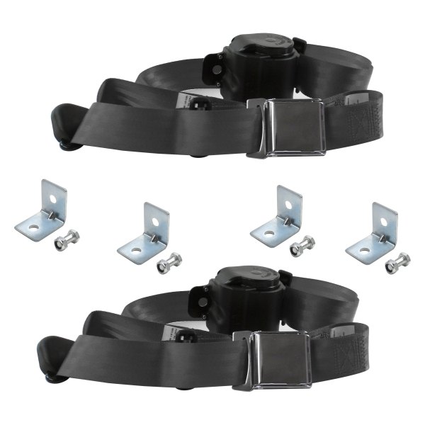 3 Point Airplane Retractable Bucket Seat Belt Kit with Bracketry & 2 Belts for 1980-1982 Ford Thunderbird, Charcoal