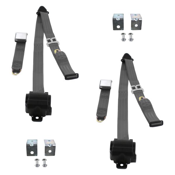 3 Point Airplane Retractable Bucket Seat Belt Kit with Bracketry & 2 Belts for 1963-1991 Jeep Wagoneer, Charcoal