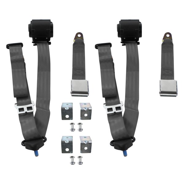 3 Point Airplane Retractable Bucket Seat Belt Kit with Bracketry & 2 Belts for 1961-1980 IH Scout, Charcoal