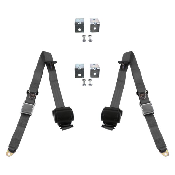3 Point Airplane Retractable Bucket Seat Belt Kit with Bracketry & 2 Belts for 1954-1956 Buick Roadmaster, Charcoal