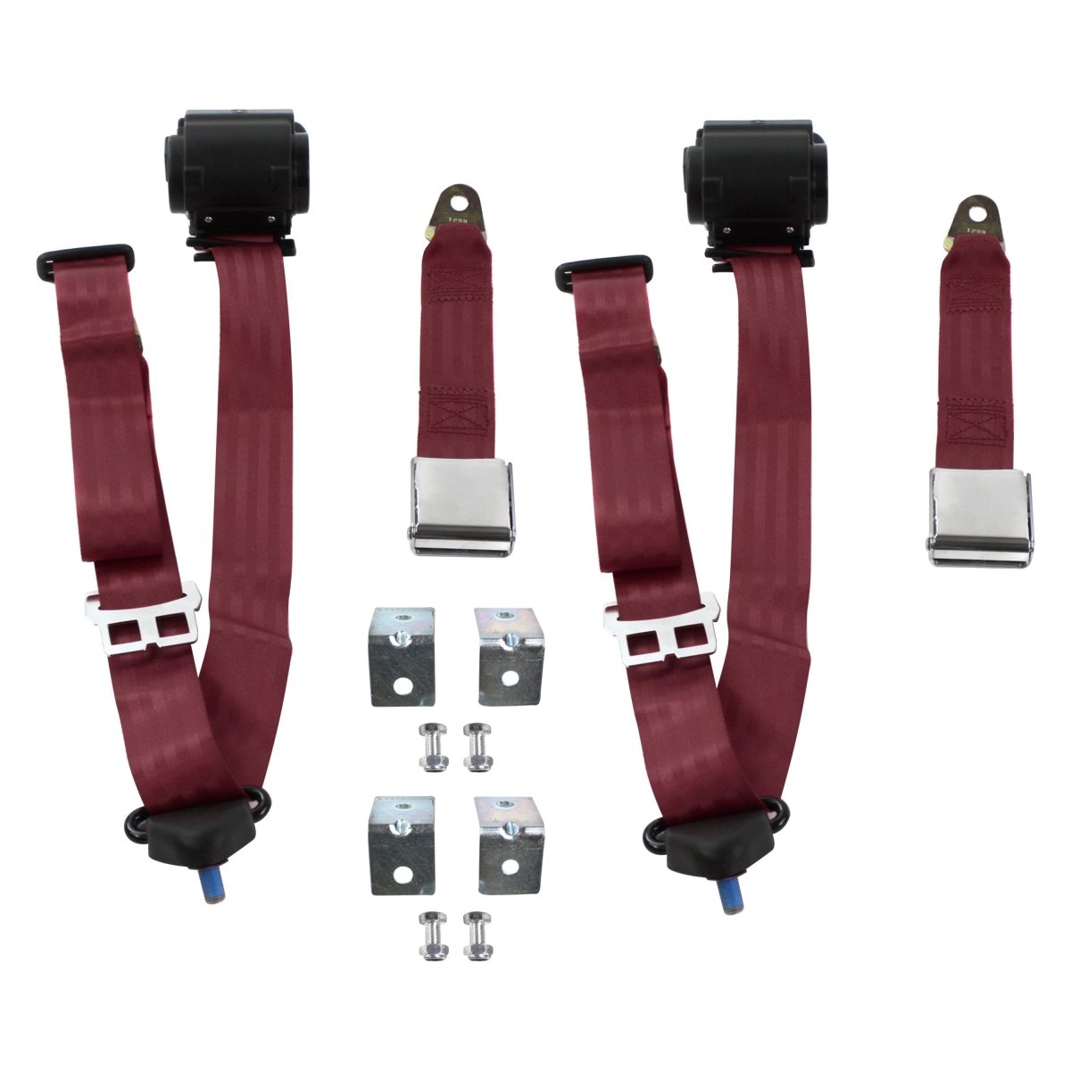 Burgandy Retractable Bucket Seat Belt Kit with Bracketry for 1965-1970 Chevy Impala Airplane 3 Point - 2 Belts