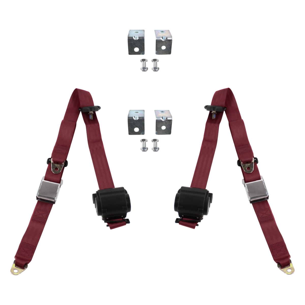 Burgandy Retractable Bucket Seat Belt Kit with Bracketry for 1981-1993 Chevy Truck S10 Airplane 3 Point - 2 Belts