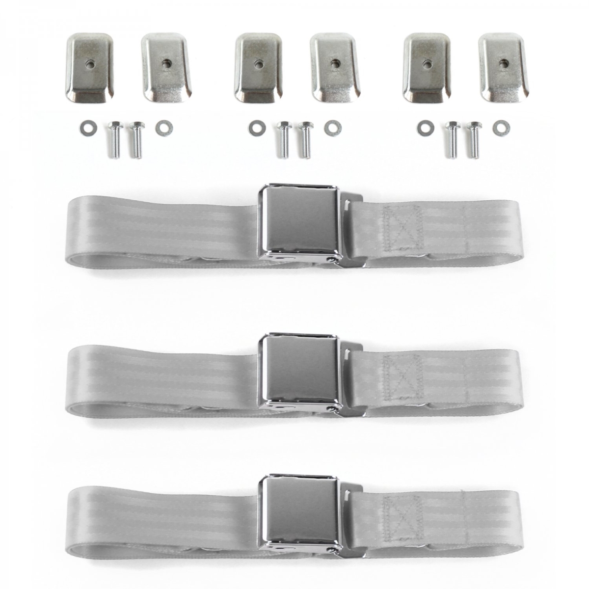 Gray & Grey Lap Bench Seat Belt Kit with Bracketry for 1975-1979 Chevy Nova Airplane 2 Point - 3 Belts