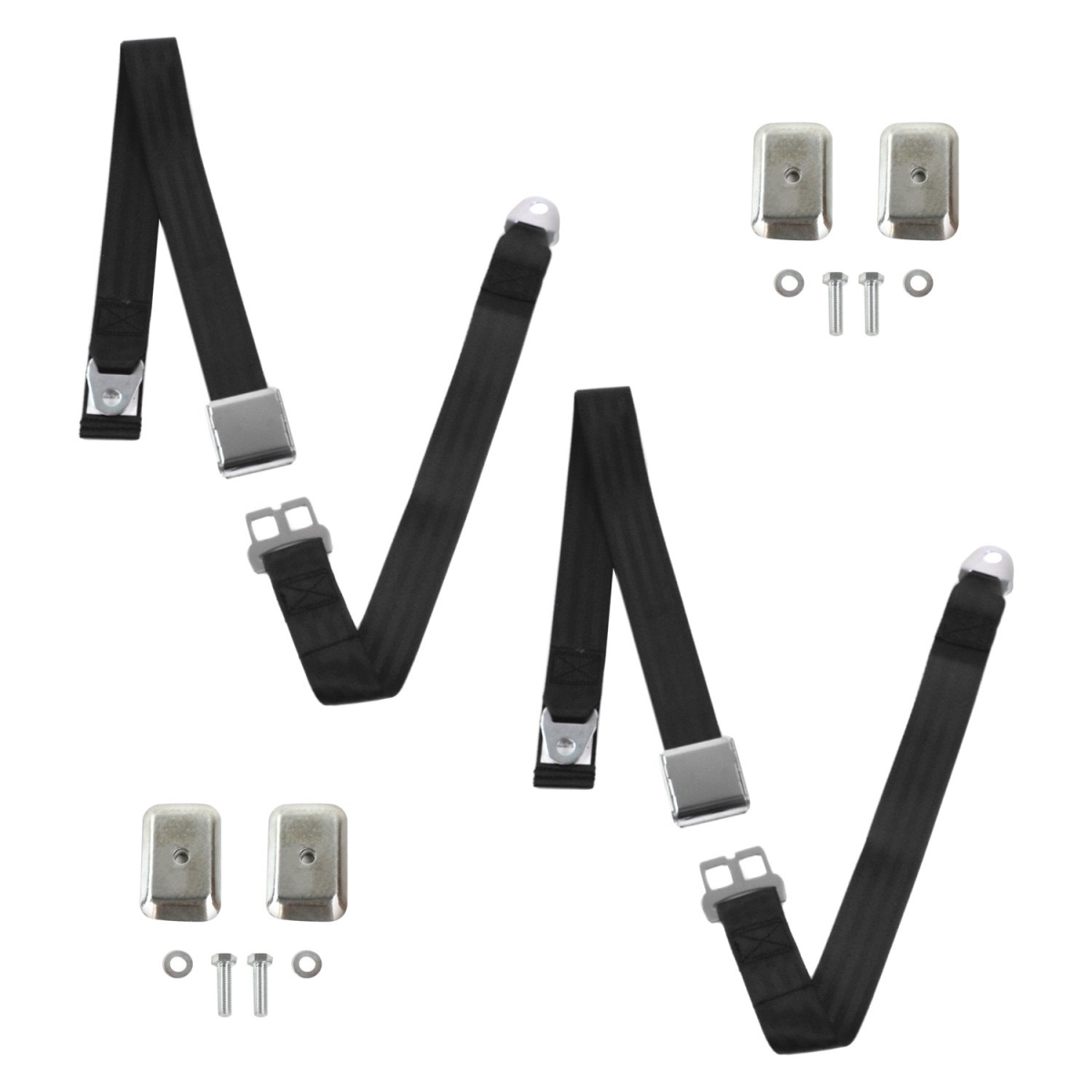 Black Lap Bucket Seat Belt Kit with Bracketry for 1980-1996 Ford Bronco Airplane 2 Point - 2 Belts