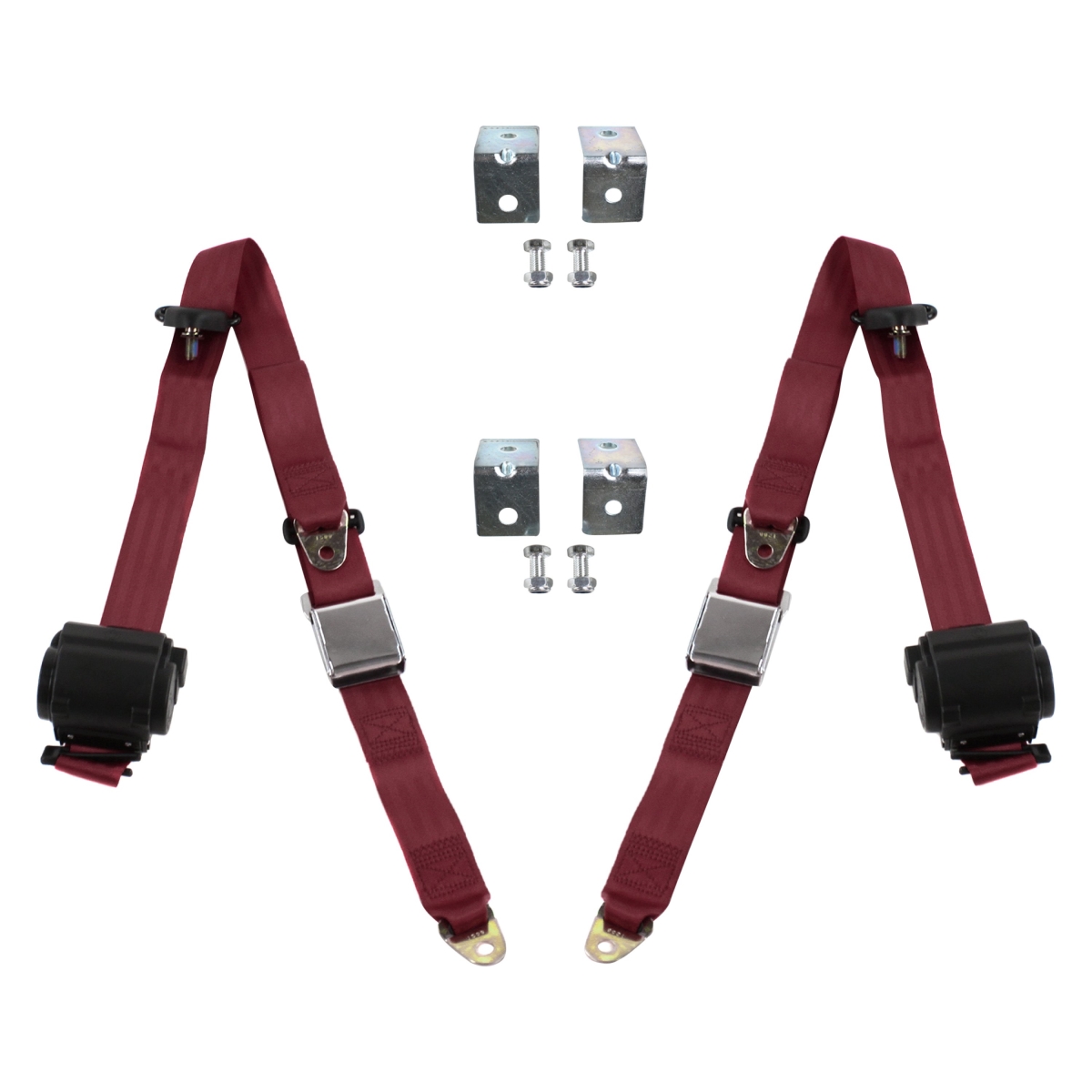 Burgandy Retractable Bucket Seat Belt Kit with Bracketry for 1973-1991 Chevy FS Blazer Airplane 3 Point - 2 Belts