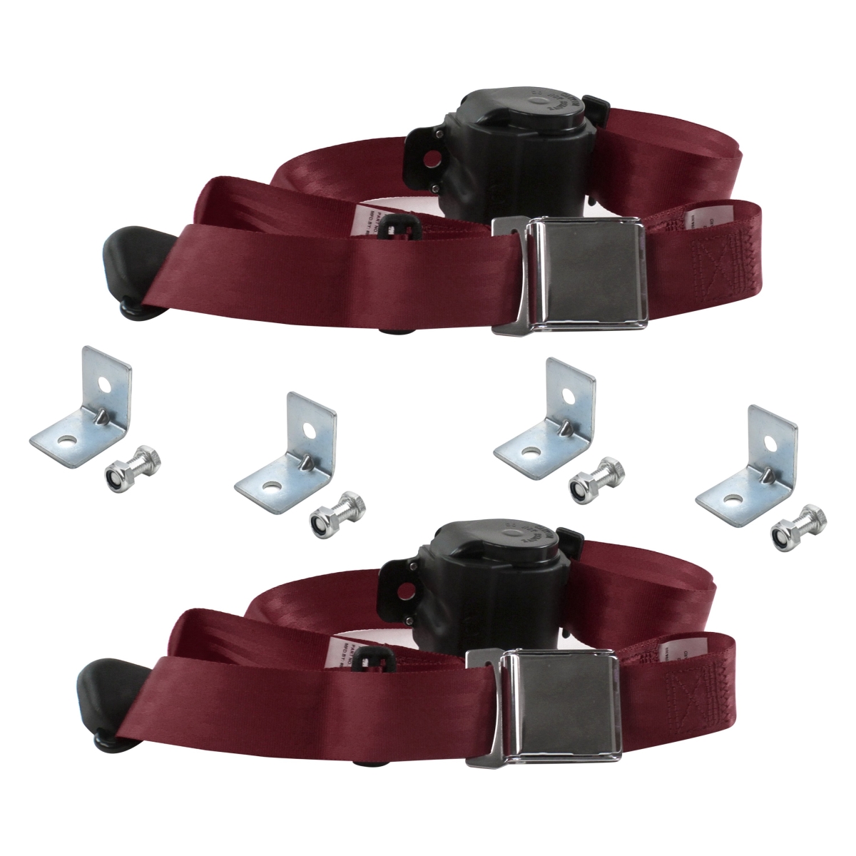 Burgandy Retractable Bucket Seat Belt Kit with Bracketry for 1971-1976 Chevy Impala Airplane 3 Point - 2 Belts