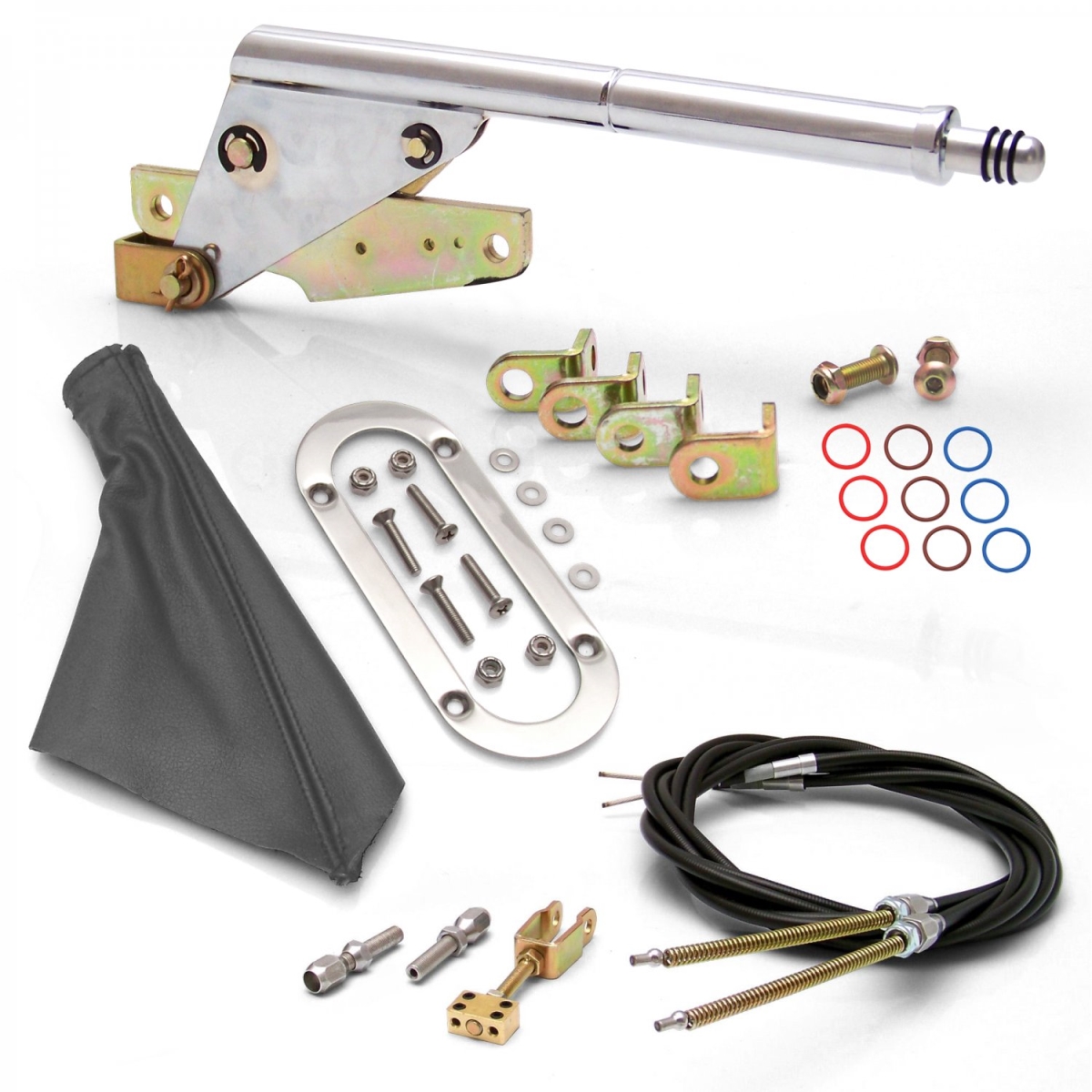 Floor Mount Emergency Parking Brake Grey Boot, Chrome Ring & Cable Kit