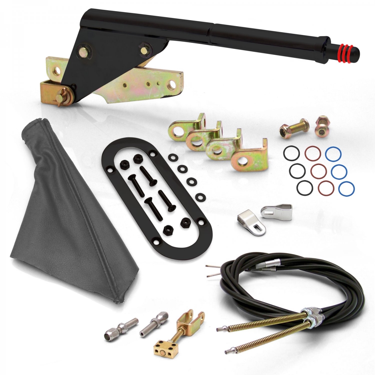 Floor Mount Black E-Brake Handle Grey Boot, Black Ring & Cable Kit for Ford Clevis
