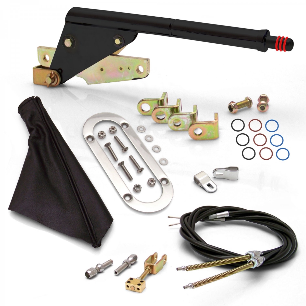 Floor Mount Black E-Brake Handle Black Boot, Chrome Ring & Cable Kit for Ford Clevis