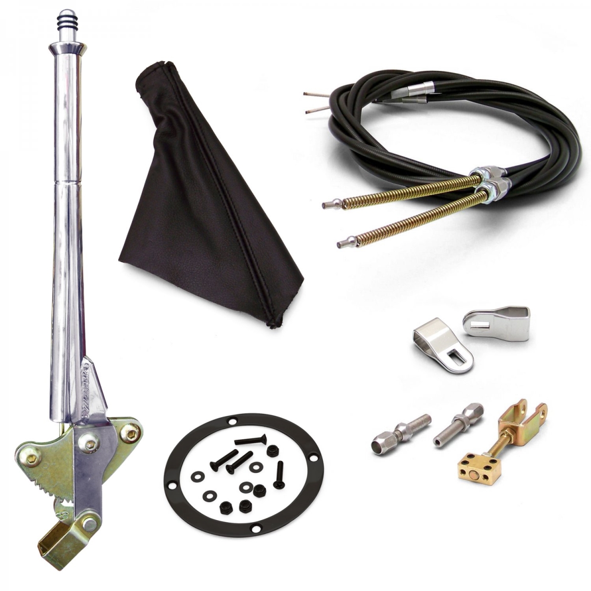 11 in. Transmission Mount E-Brake Handle Black Boot, Chrome Ring & Cable Kit for Ford Clevis