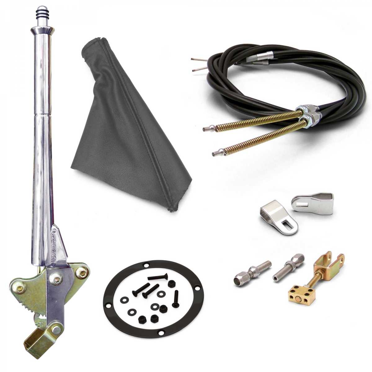 16 in. Transmission Mount E-Brake Handle Black Boot, Chrome Ring & Cable Kit for Ford Clevis