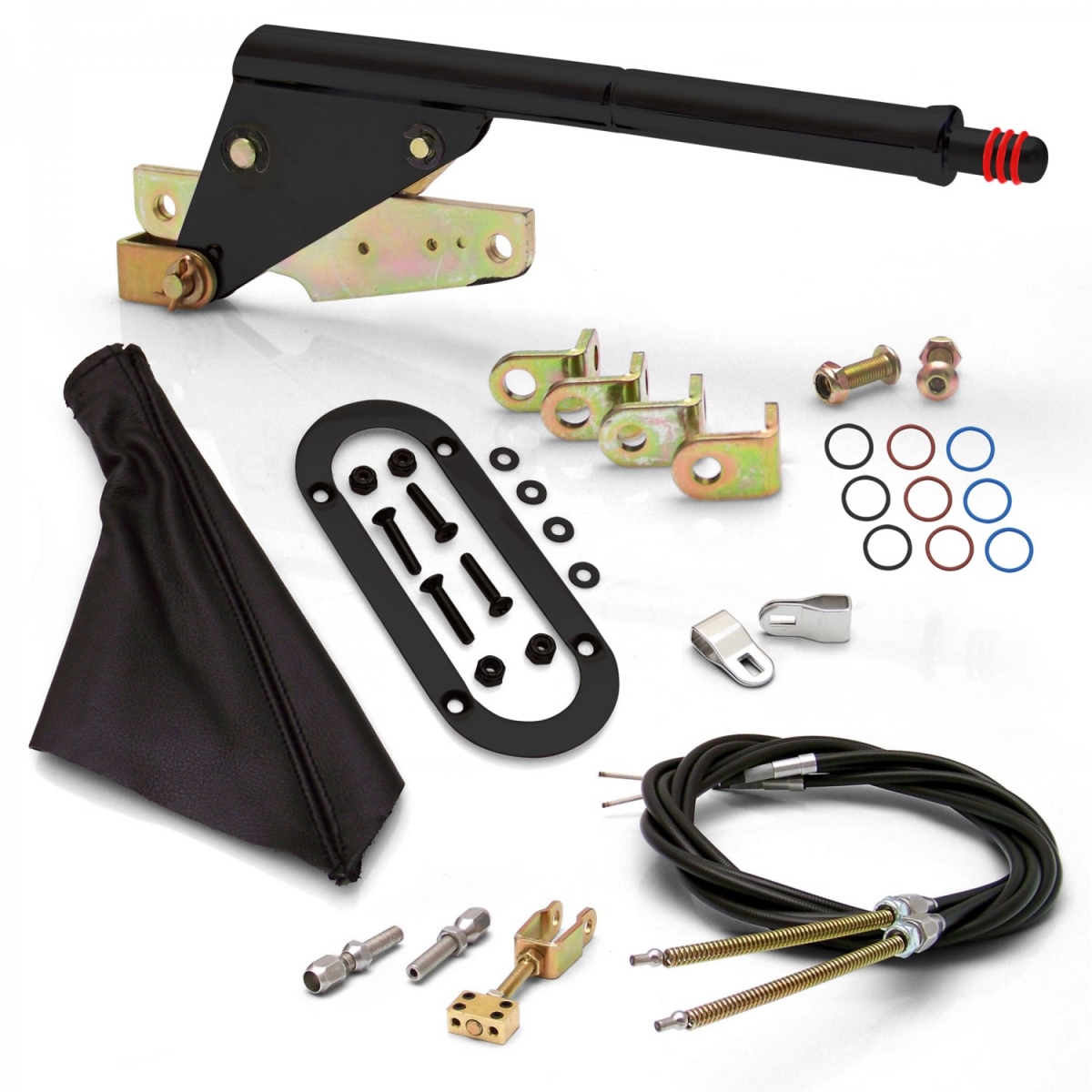 Floor Mount Black E-Brake Handle Black Boot, Black Ring & Cable Kit for GM Clevis