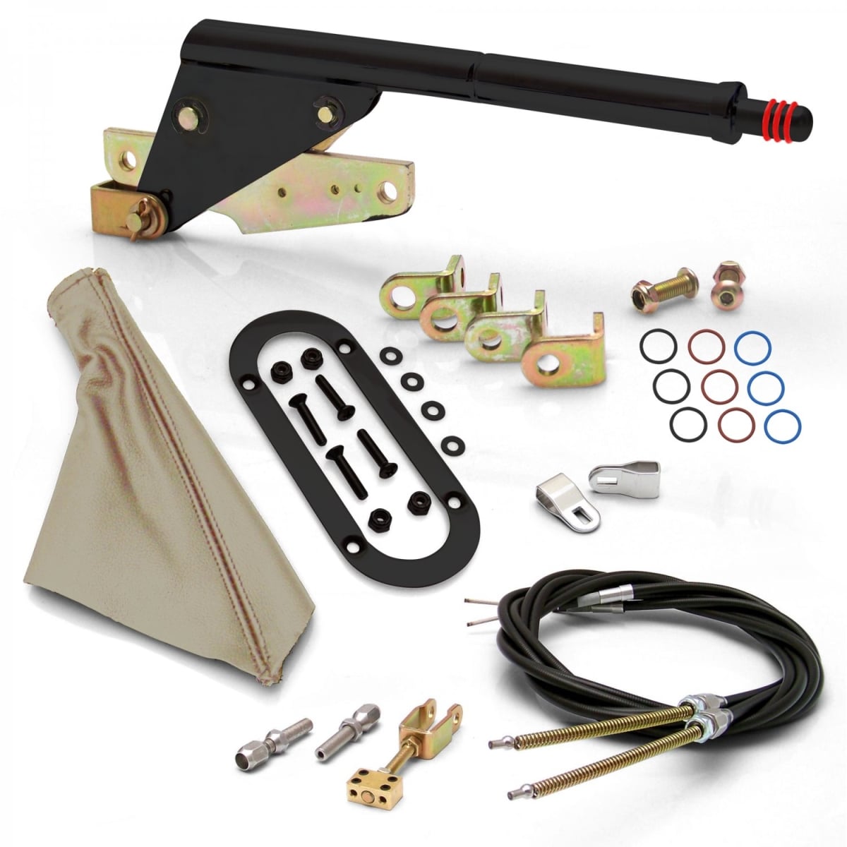 Floor Mount Black E-Brake Handle Tan Boot, Black Ring & Cable Kit for GM Clevis