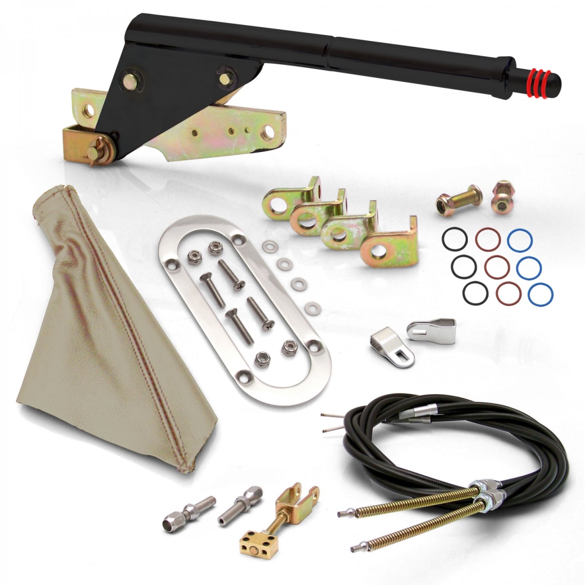 Floor Mount Black E-Brake Handle Tan Boot, Chrome Ring & Cable Kit for GM Clevis