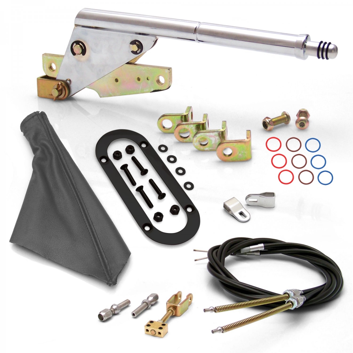 Floor Mount E-Brake Handle Grey Boot, Black Ring & Cable Kit for GM Clevis