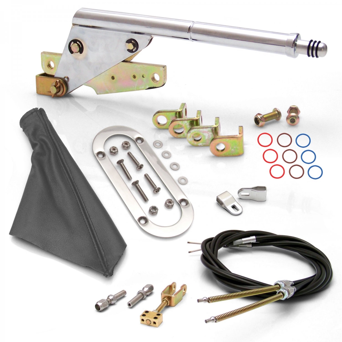 Floor Mount E-Brake Handle Grey Boot, Chrome Ring & Cable Kit for GM Clevis
