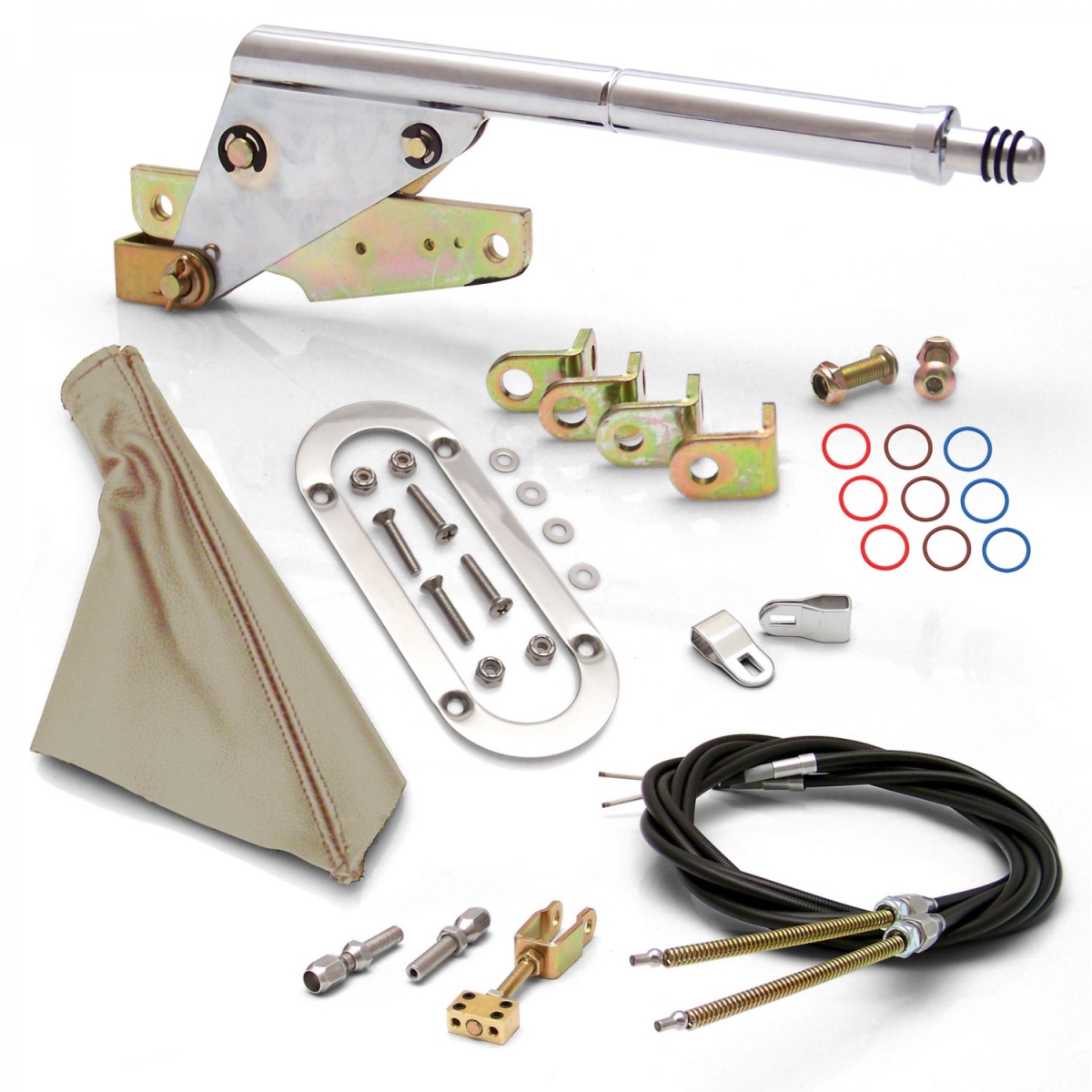 Floor Mount E-Brake Handle Tan Boot, Chrome Ring & Cable Kit for GM Clevis