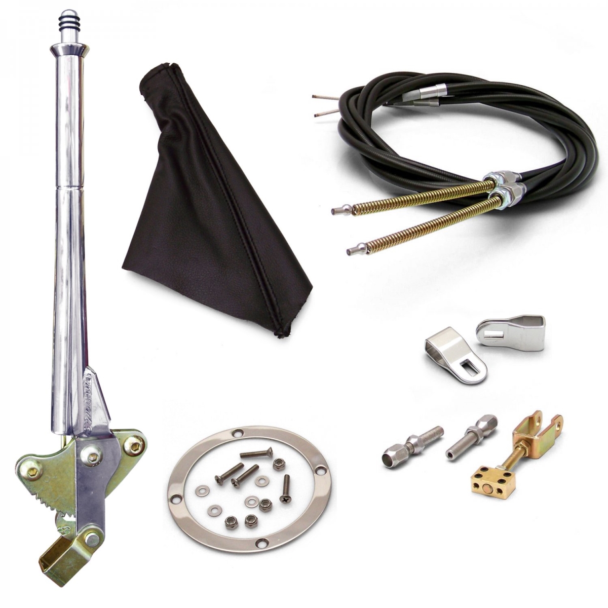 11 in. Transmission Mount E-Brake Handle Black Boot, Chrome Ring & Cable Kit for GM Clevis