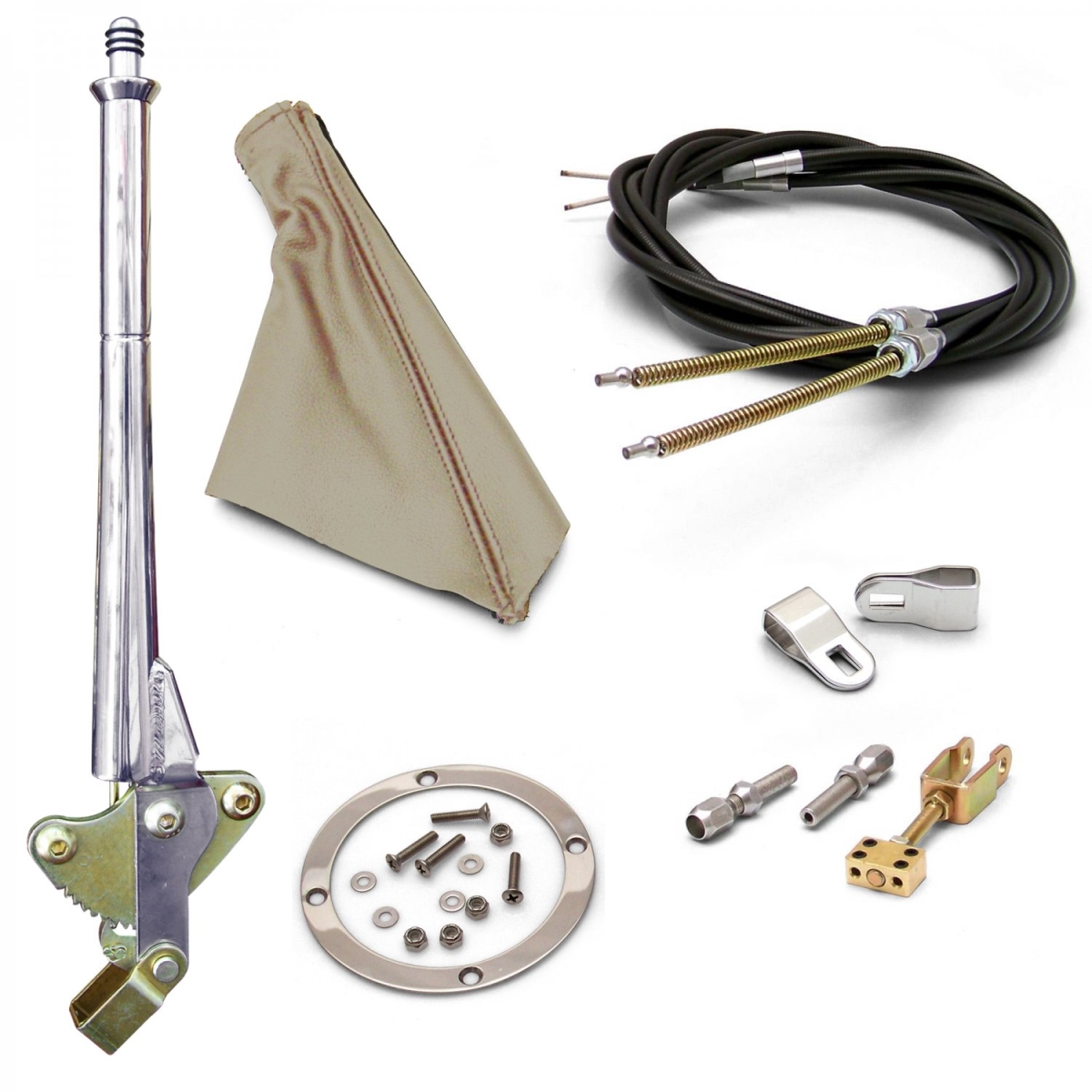 11 in. Transmission Mount E-Brake Handle Tan Boot, Chrome Ring & Cable Kit for GM Clevis