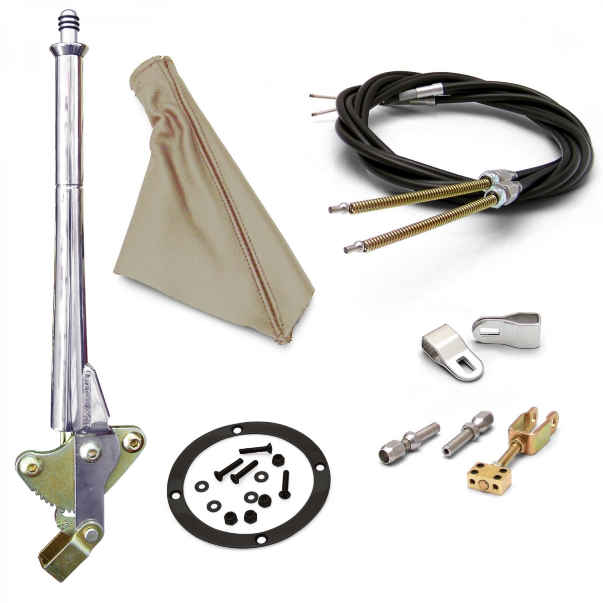 11 in. Transmission Mount E-Brake Handle Tan Boot, Black Ring & Cable Kit for GM Clevis