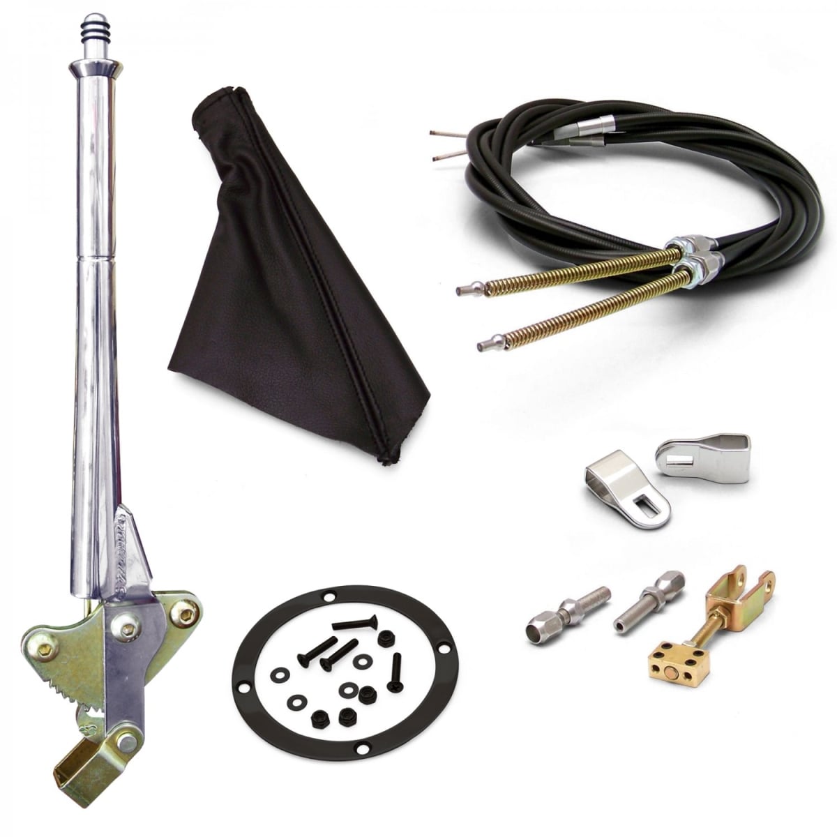 16 in. Transmission Mount E-Brake Handle Black Boot, Black Ring & Cable Kit for GM Clevis