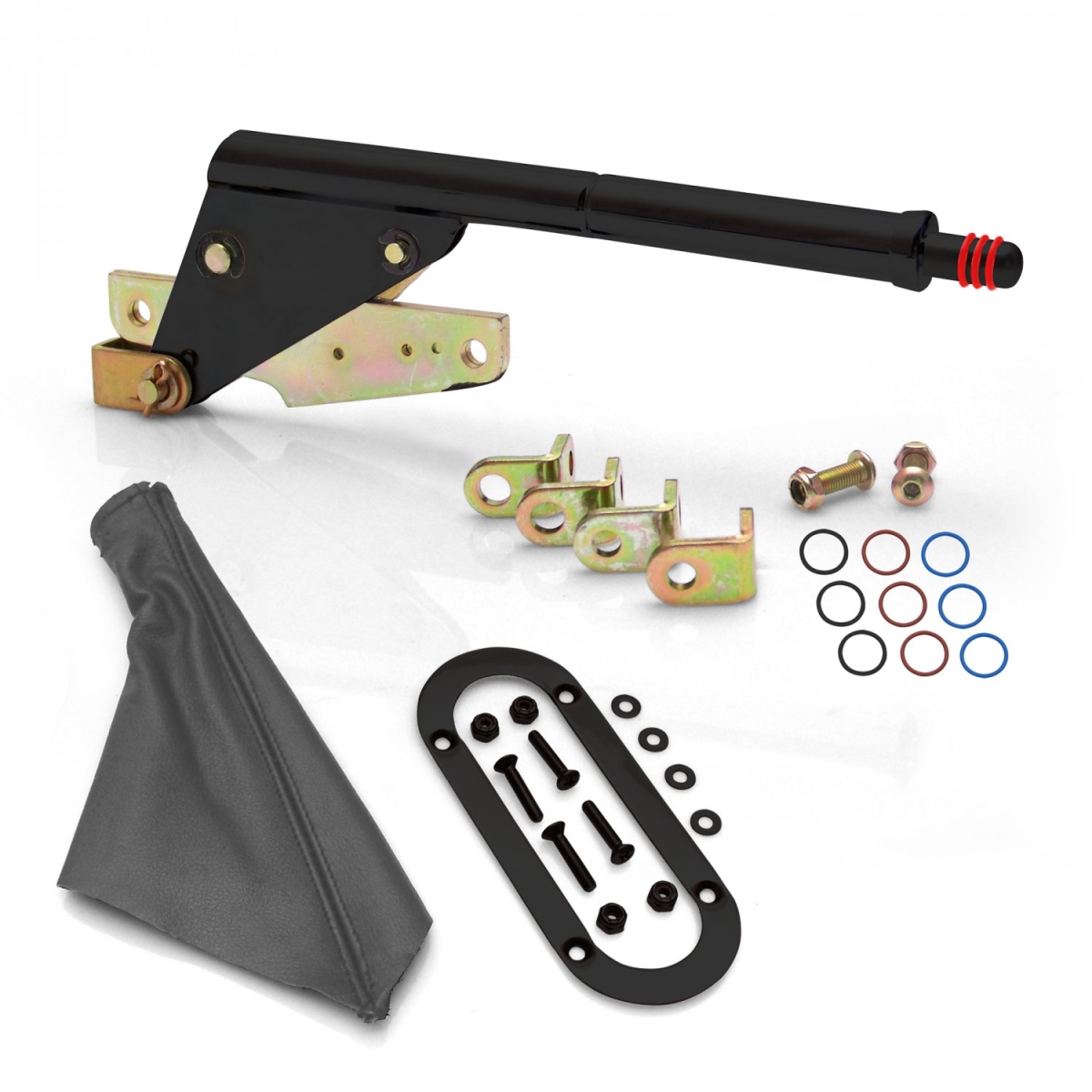 Floor Mount Black Emergency Parking Brake, Grey Boot & Black Trim Ring